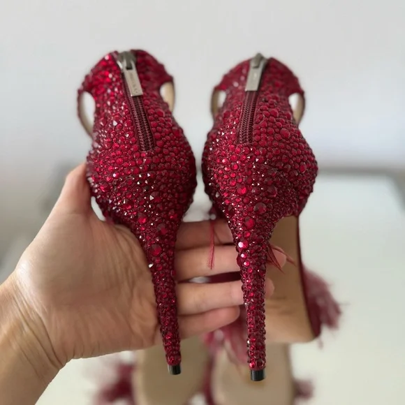 New Jimmy Choo VIOLA 110 Suede Crystal Sandals Red Ostrich Feather Tassel - Picture 8 of 17